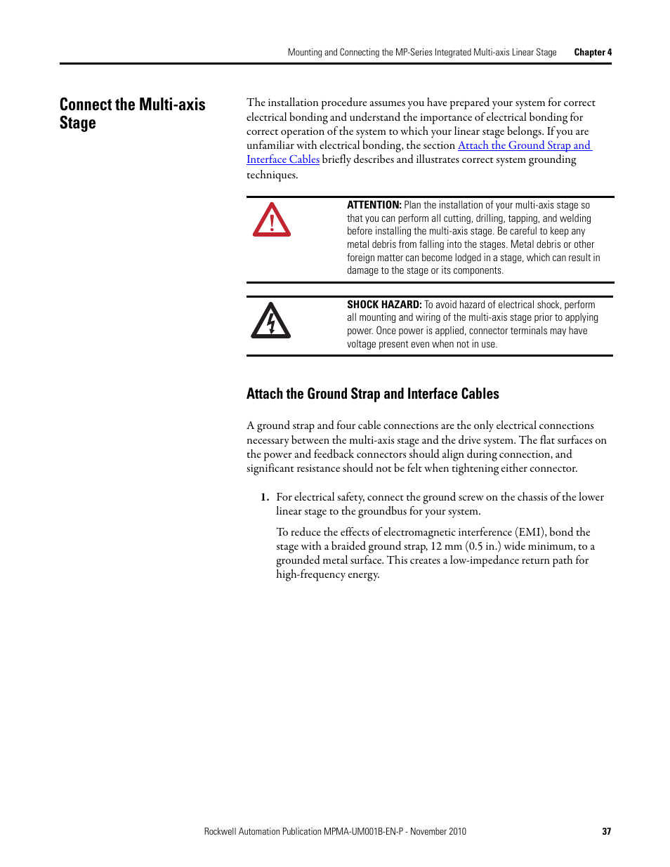 Connect the multi-axis stage, Attach the ground strap and interface cables | Rockwell Automation MPMA Integrated Multi-Axis Linear Stages User Manual | Page 37 / 136