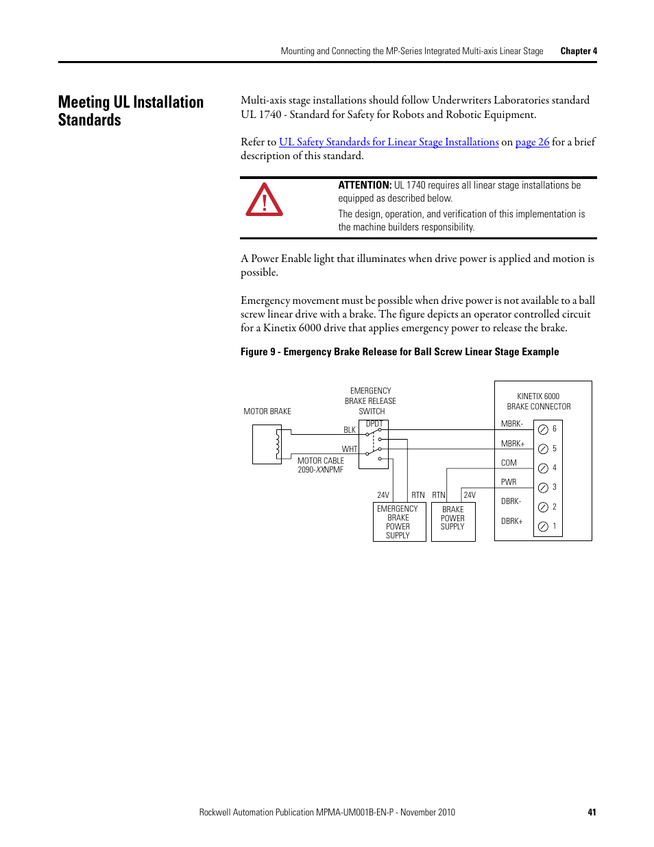 Meeting ul installation standards, Emergency brake release for ball screw linear, Stage example | Rockwell Automation MPMA Integrated Multi-Axis Linear Stages User Manual | Page 41 / 136