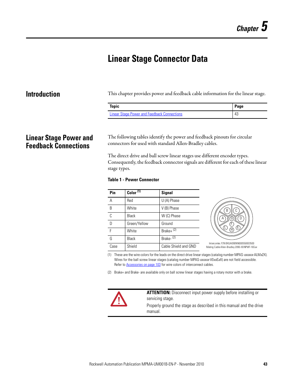 Chapter 5: linear stage connector data, Introduction, Linear stage power and feedback connections | Linear stage connector data, Chapter | Rockwell Automation MPMA Integrated Multi-Axis Linear Stages User Manual | Page 43 / 136