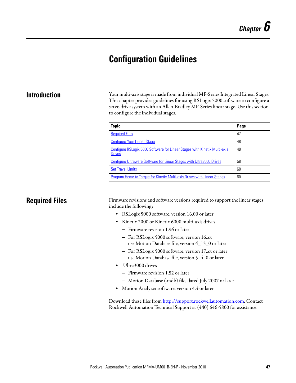 Chapter 6: configuration guidelines, Introduction, Required files | Configuration guidelines, Introduction required files, Chapter | Rockwell Automation MPMA Integrated Multi-Axis Linear Stages User Manual | Page 47 / 136