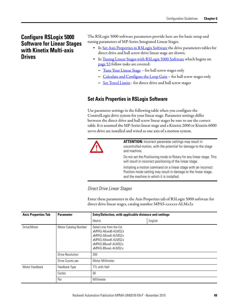 Set axis properties in rslogix software | Rockwell Automation MPMA Integrated Multi-Axis Linear Stages User Manual | Page 49 / 136