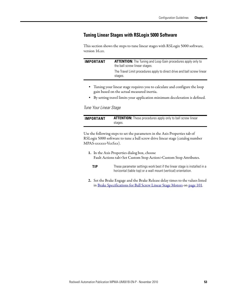 Tuning linear stages with rslogix 5000 software | Rockwell Automation MPMA Integrated Multi-Axis Linear Stages User Manual | Page 53 / 136