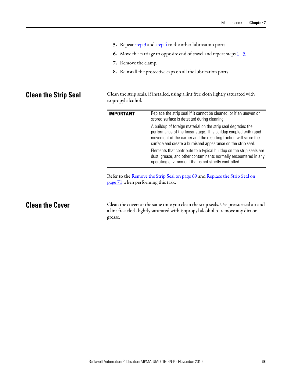 Clean the strip seal, Clean the cover, Clean the strip seal clean the cover | Rockwell Automation MPMA Integrated Multi-Axis Linear Stages User Manual | Page 63 / 136