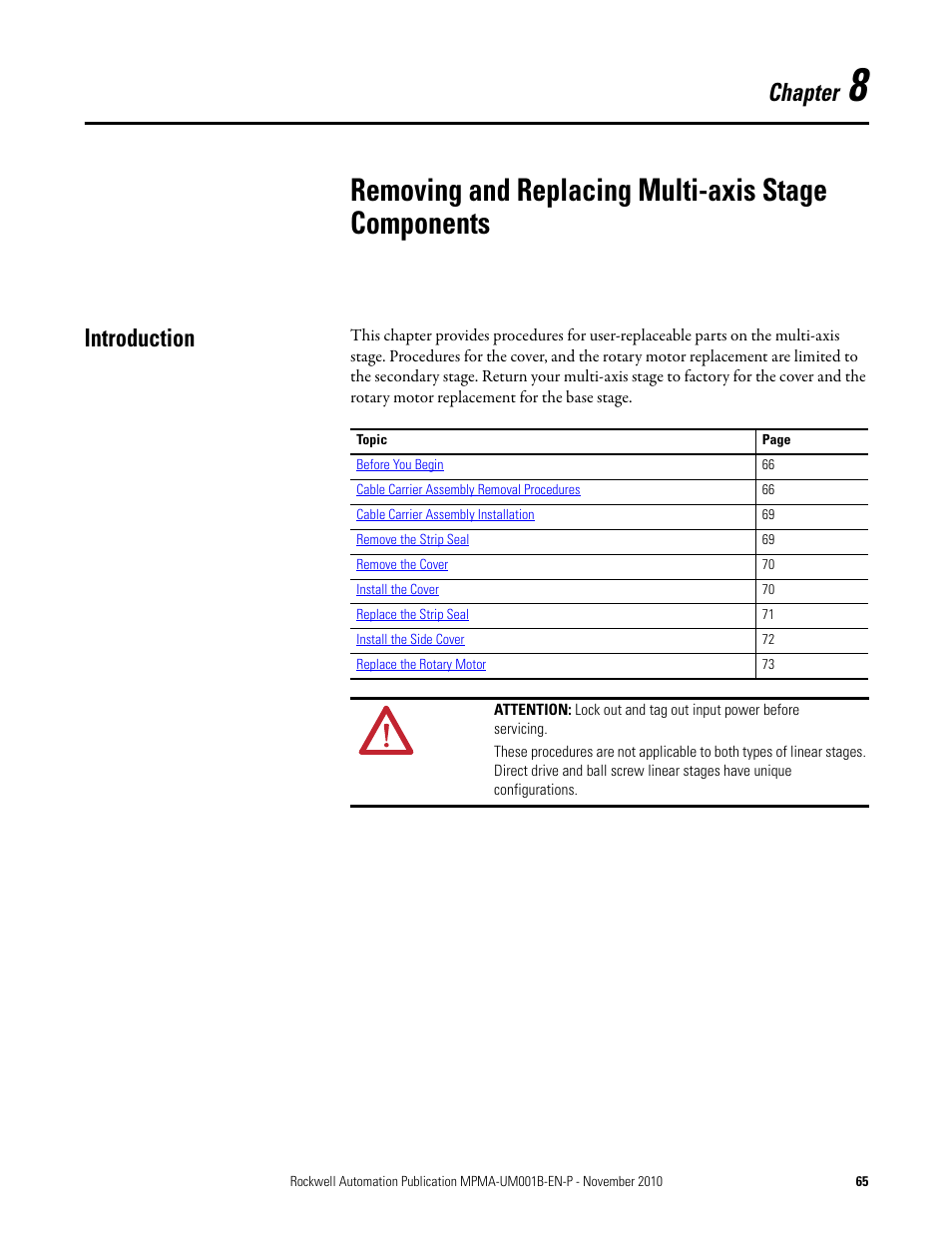 Introduction, Removing and replacing, Multi-axis stage components | Removing and replacing multi-axis stage components, Chapter | Rockwell Automation MPMA Integrated Multi-Axis Linear Stages User Manual | Page 65 / 136