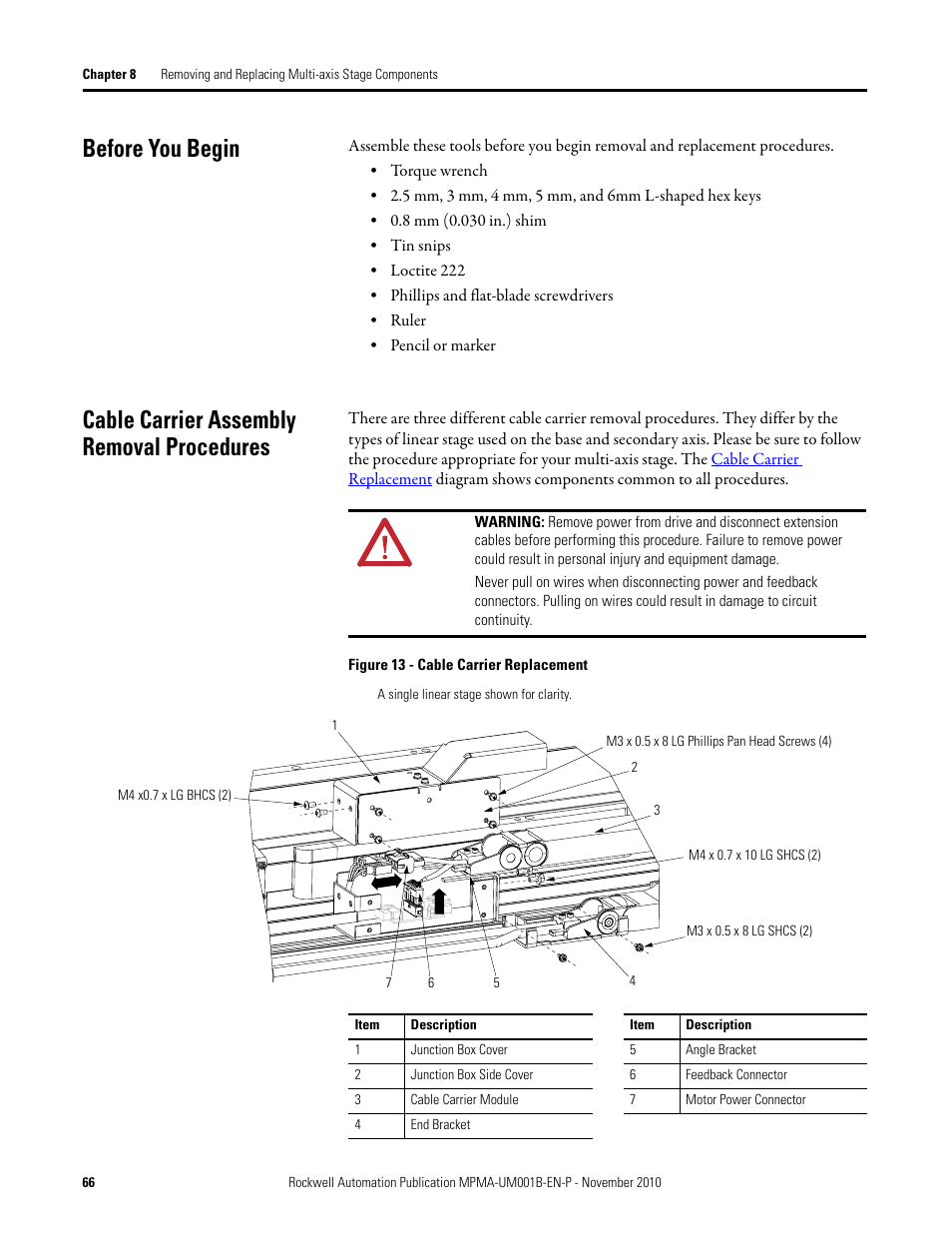 Before you begin, Cable carrier assembly removal procedures | Rockwell Automation MPMA Integrated Multi-Axis Linear Stages User Manual | Page 66 / 136