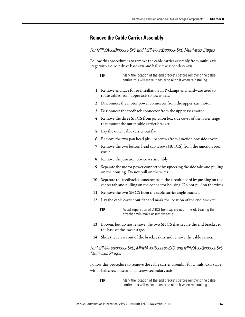 Remove the cable carrier assembly | Rockwell Automation MPMA Integrated Multi-Axis Linear Stages User Manual | Page 67 / 136