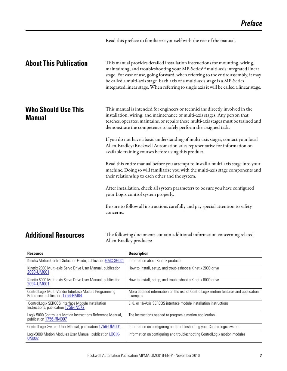 Preface, About this publication, Who should use this manual | Additional resources, Who should use this manual additional resources | Rockwell Automation MPMA Integrated Multi-Axis Linear Stages User Manual | Page 7 / 136