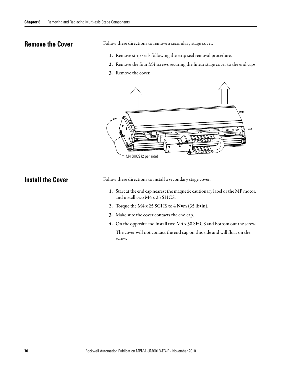 Remove the cover, Install the cover, Remove the cover install the cover | Rockwell Automation MPMA Integrated Multi-Axis Linear Stages User Manual | Page 70 / 136