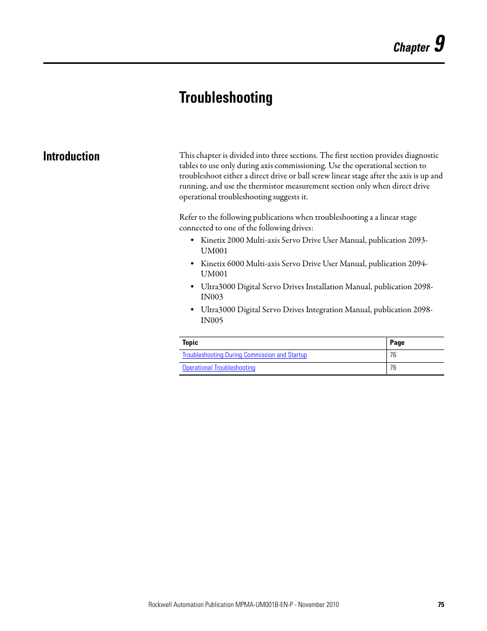 Chapter 9: troubleshooting, Introduction, Troubleshooting | Chapter | Rockwell Automation MPMA Integrated Multi-Axis Linear Stages User Manual | Page 75 / 136