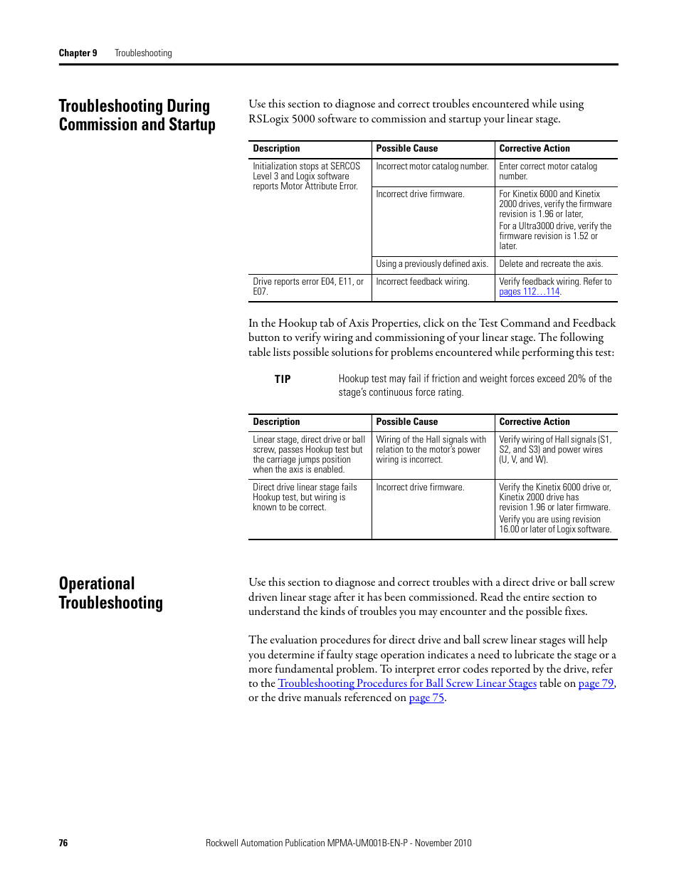 Troubleshooting during commission and startup, Operational troubleshooting | Rockwell Automation MPMA Integrated Multi-Axis Linear Stages User Manual | Page 76 / 136