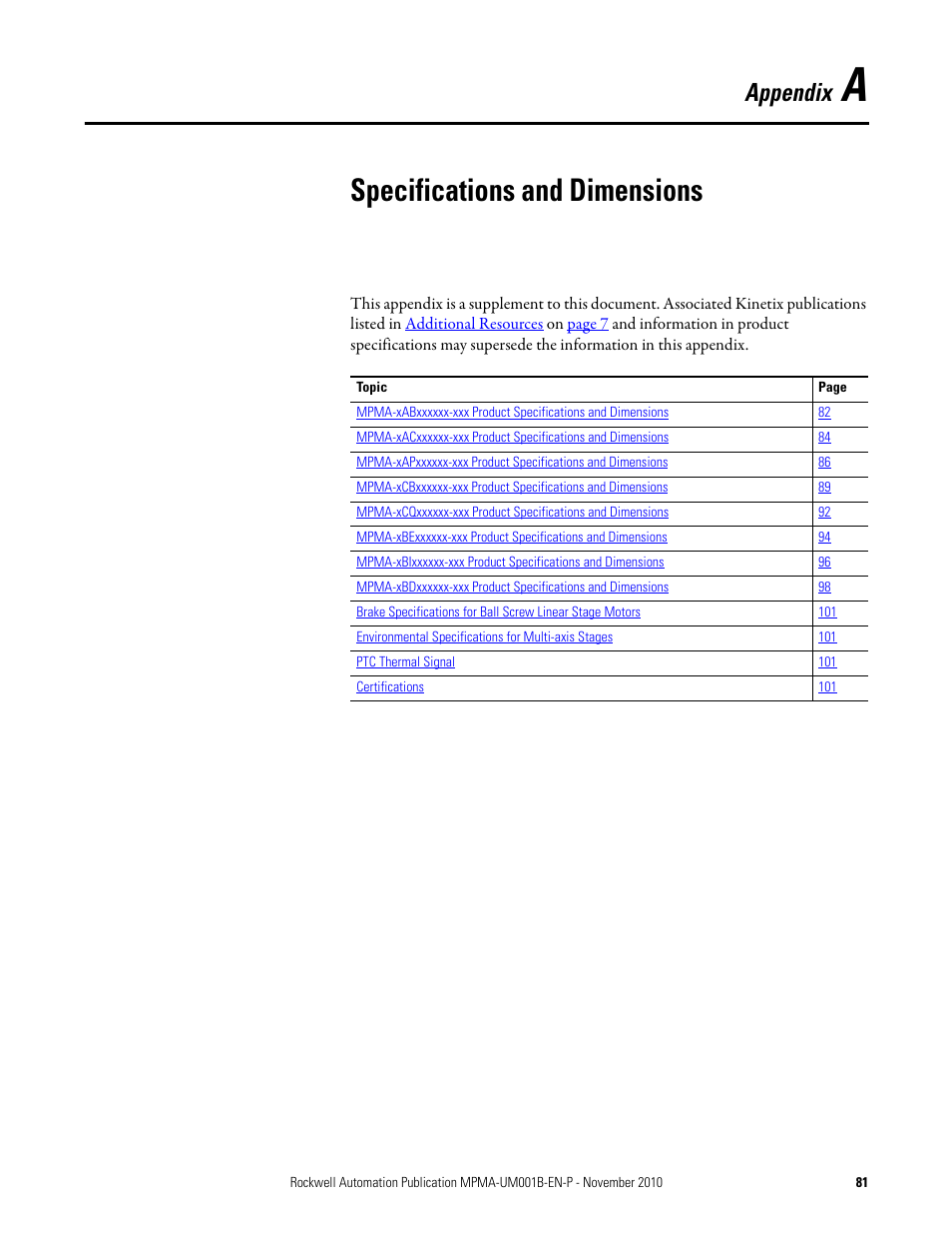 Appendix a: specifications and dimensions, Specifications and dimensions, Appendix | Rockwell Automation MPMA Integrated Multi-Axis Linear Stages User Manual | Page 81 / 136