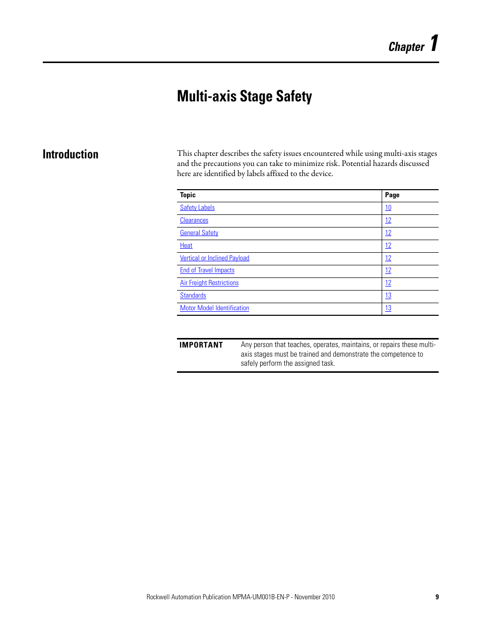 Chapter 1: multi-axis stage safety, Introduction, Multi-axis stage safety | Chapter | Rockwell Automation MPMA Integrated Multi-Axis Linear Stages User Manual | Page 9 / 136