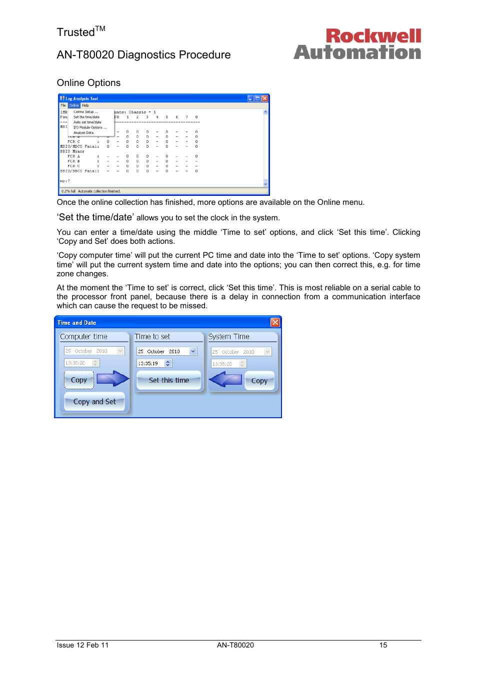 Online options, Set the time/date, Trusted | Rockwell Automation T80020 Application Note Diagnostic Procedures User Manual | Page 15 / 71