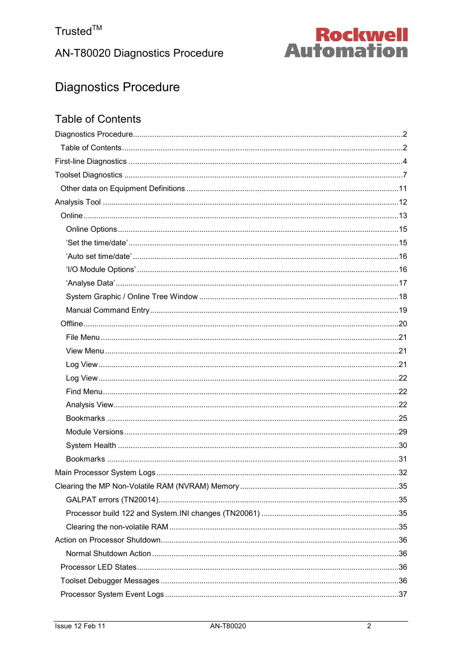 Rockwell Automation T80020 Application Note Diagnostic Procedures User Manual | Page 2 / 71