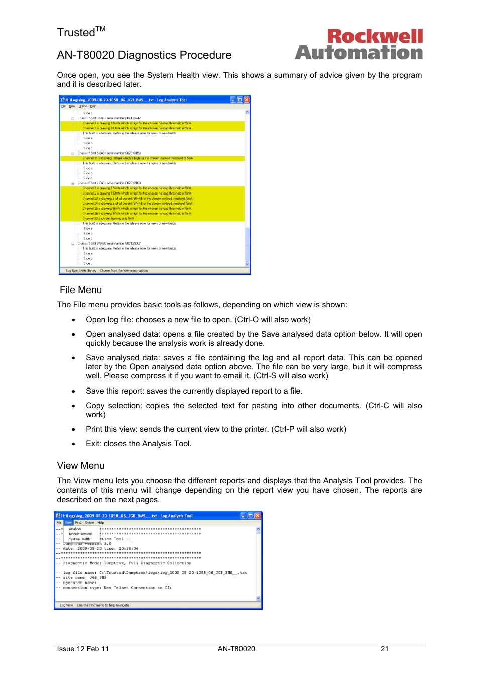 File menu, View menu, Log view | Trusted | Rockwell Automation T80020 Application Note Diagnostic Procedures User Manual | Page 21 / 71