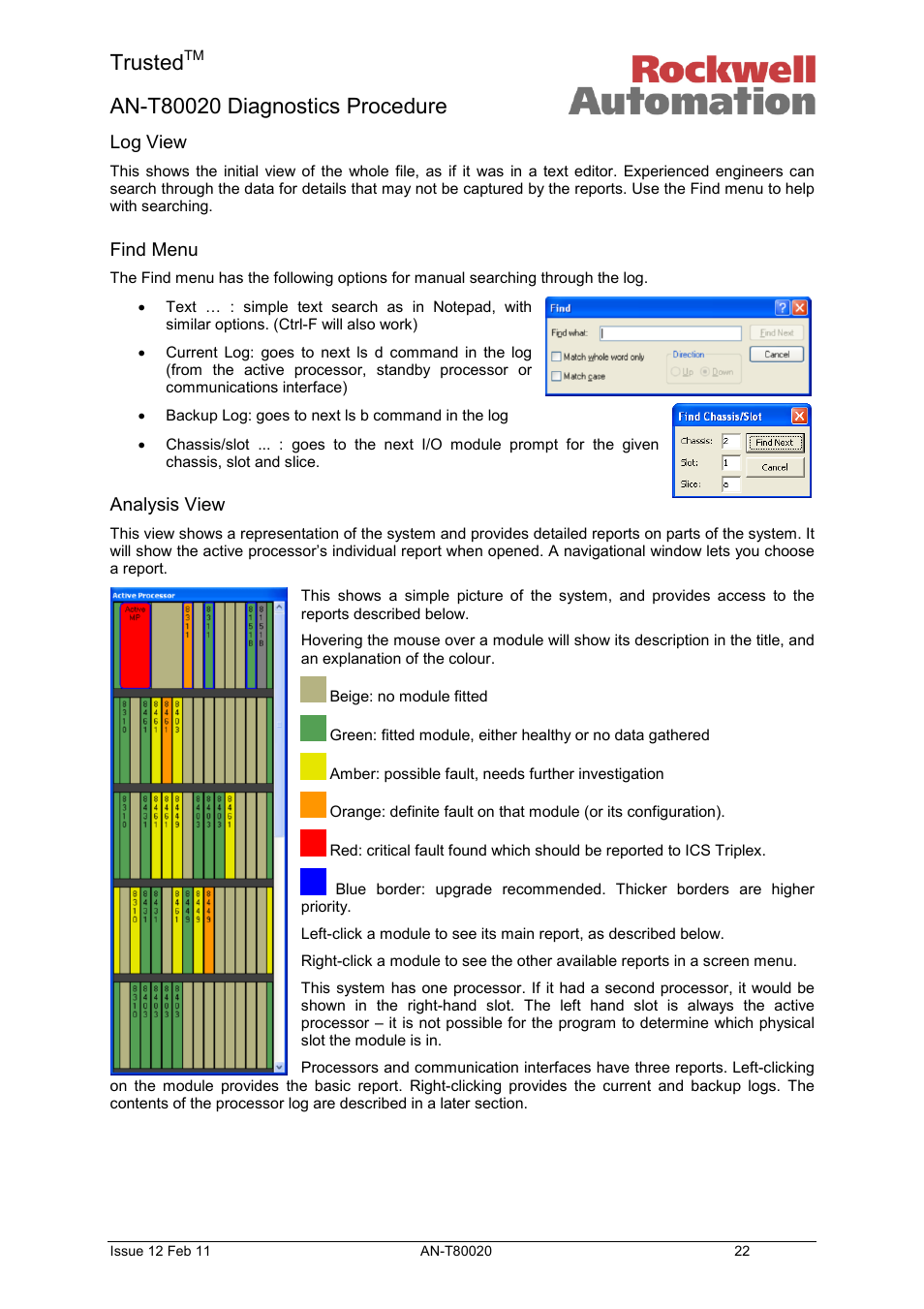 Log view, Find menu, Analysis view | Trusted | Rockwell Automation T80020 Application Note Diagnostic Procedures User Manual | Page 22 / 71