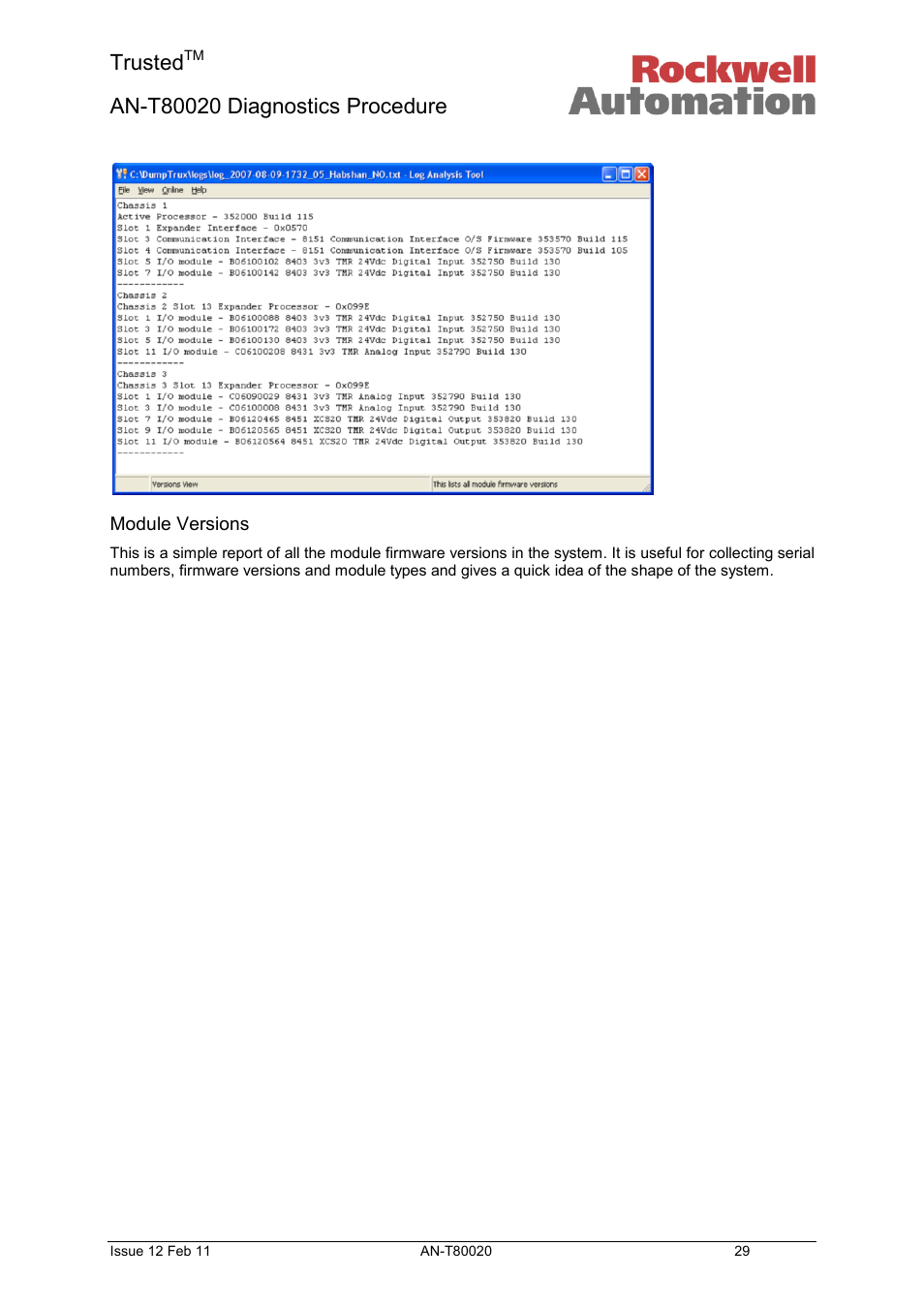 Module versions, Trusted | Rockwell Automation T80020 Application Note Diagnostic Procedures User Manual | Page 29 / 71