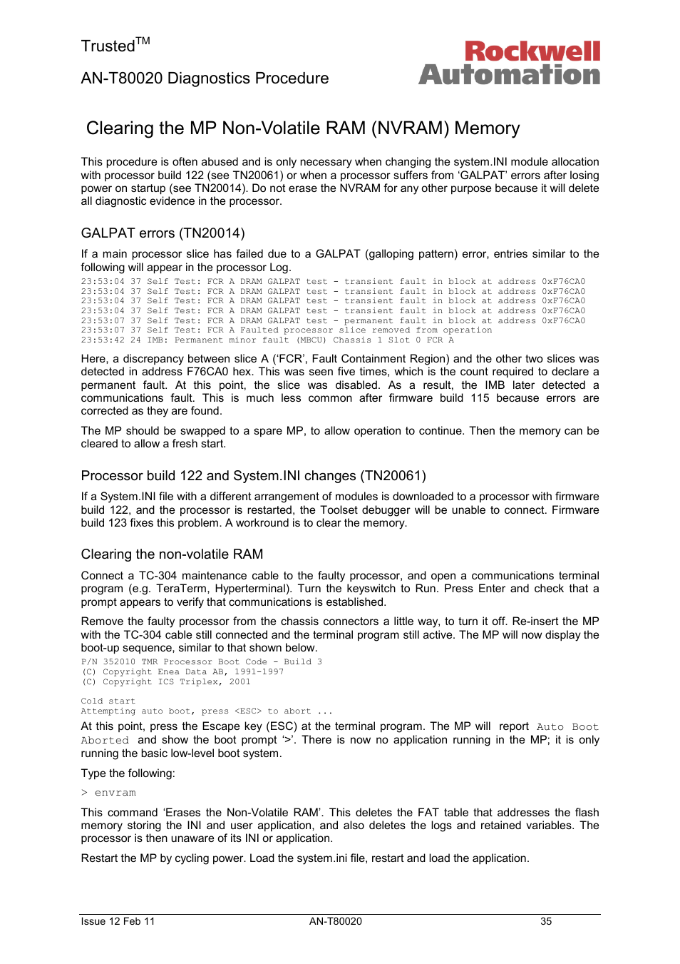 Clearing the mp non-volatile ram (nvram) memory, Galpat errors (tn20014), Clearing the non-volatile ram | Trusted | Rockwell Automation T80020 Application Note Diagnostic Procedures User Manual | Page 35 / 71