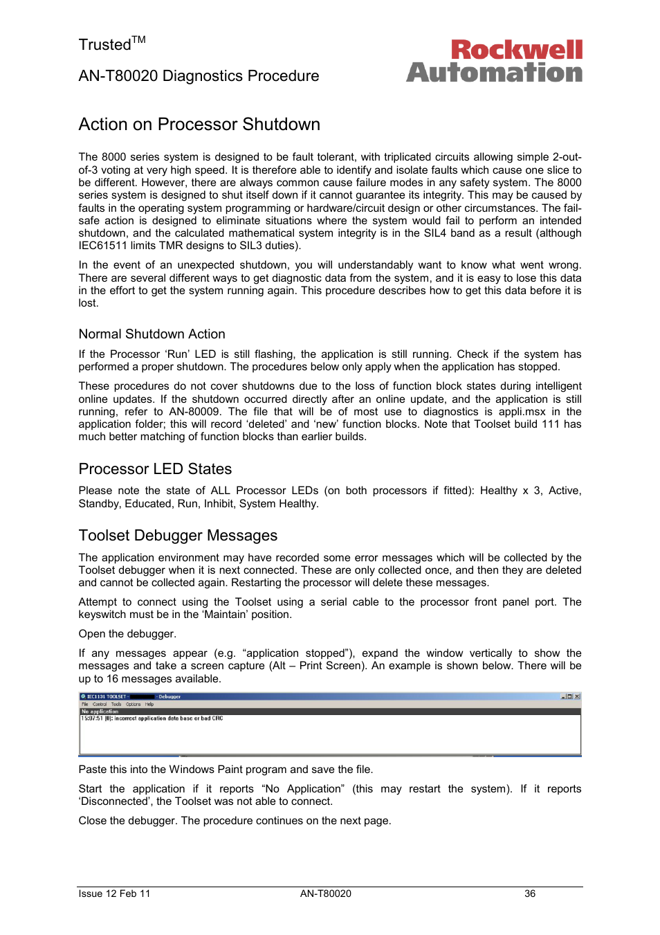 Action on processor shutdown, Normal shutdown action, Processor led states | Toolset debugger messages, Trusted | Rockwell Automation T80020 Application Note Diagnostic Procedures User Manual | Page 36 / 71