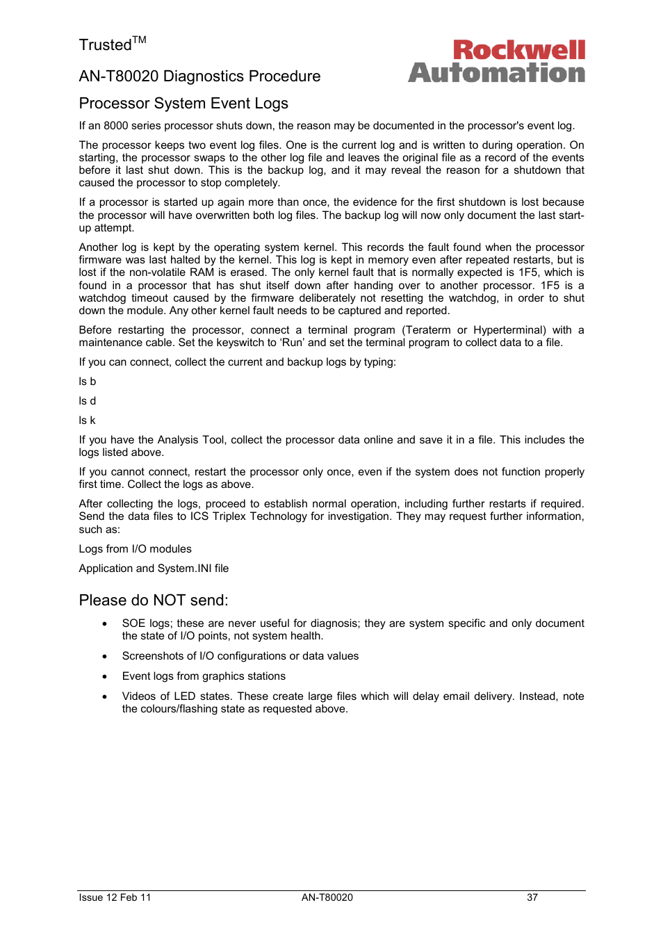 Processor system event logs, Please do not send, Trusted | Rockwell Automation T80020 Application Note Diagnostic Procedures User Manual | Page 37 / 71