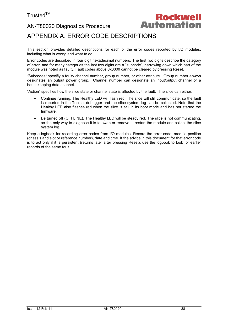 Error code descriptions, Appendix a. error code descriptions, Trusted | Rockwell Automation T80020 Application Note Diagnostic Procedures User Manual | Page 38 / 71