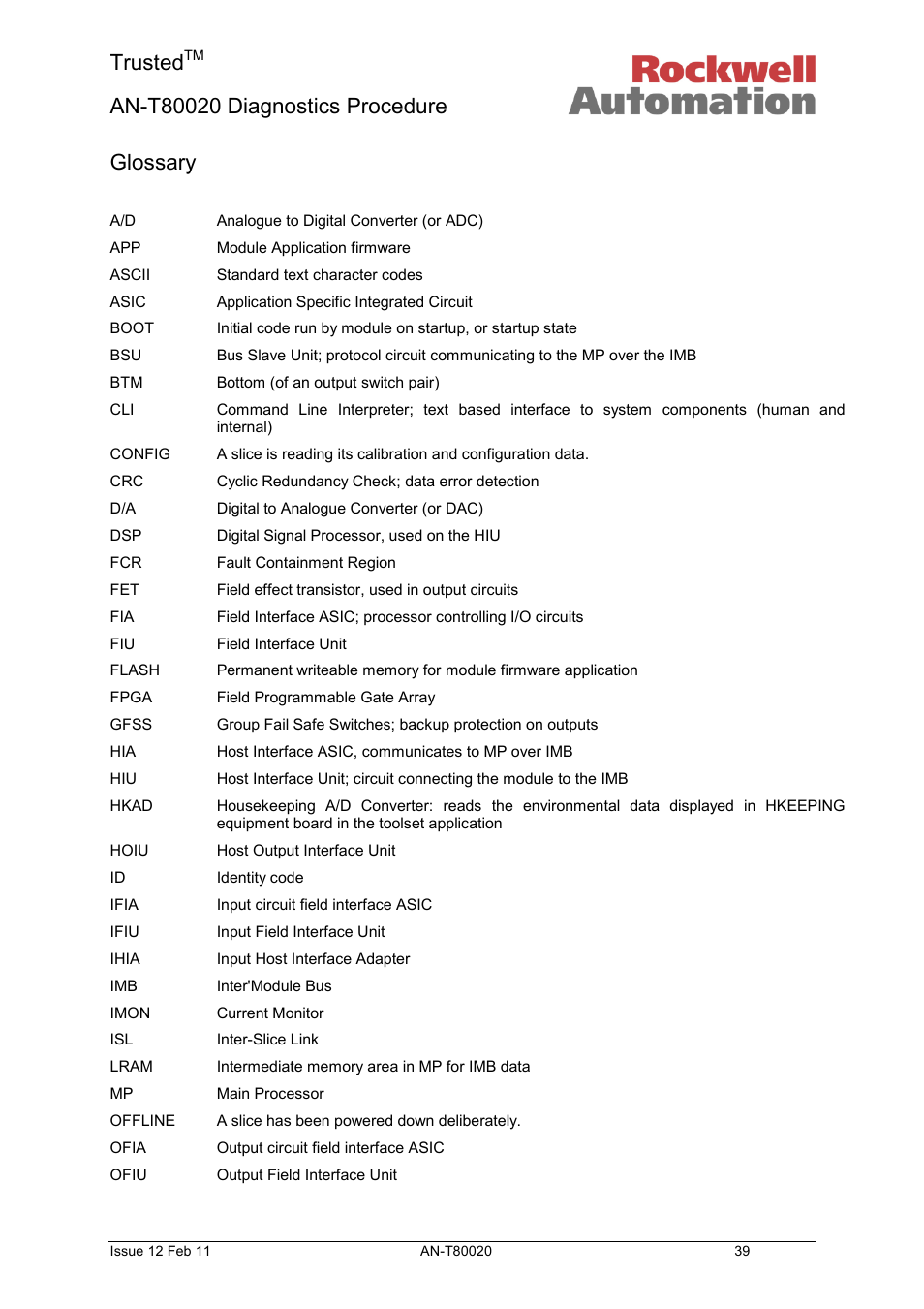 Glossary, Trusted | Rockwell Automation T80020 Application Note Diagnostic Procedures User Manual | Page 39 / 71