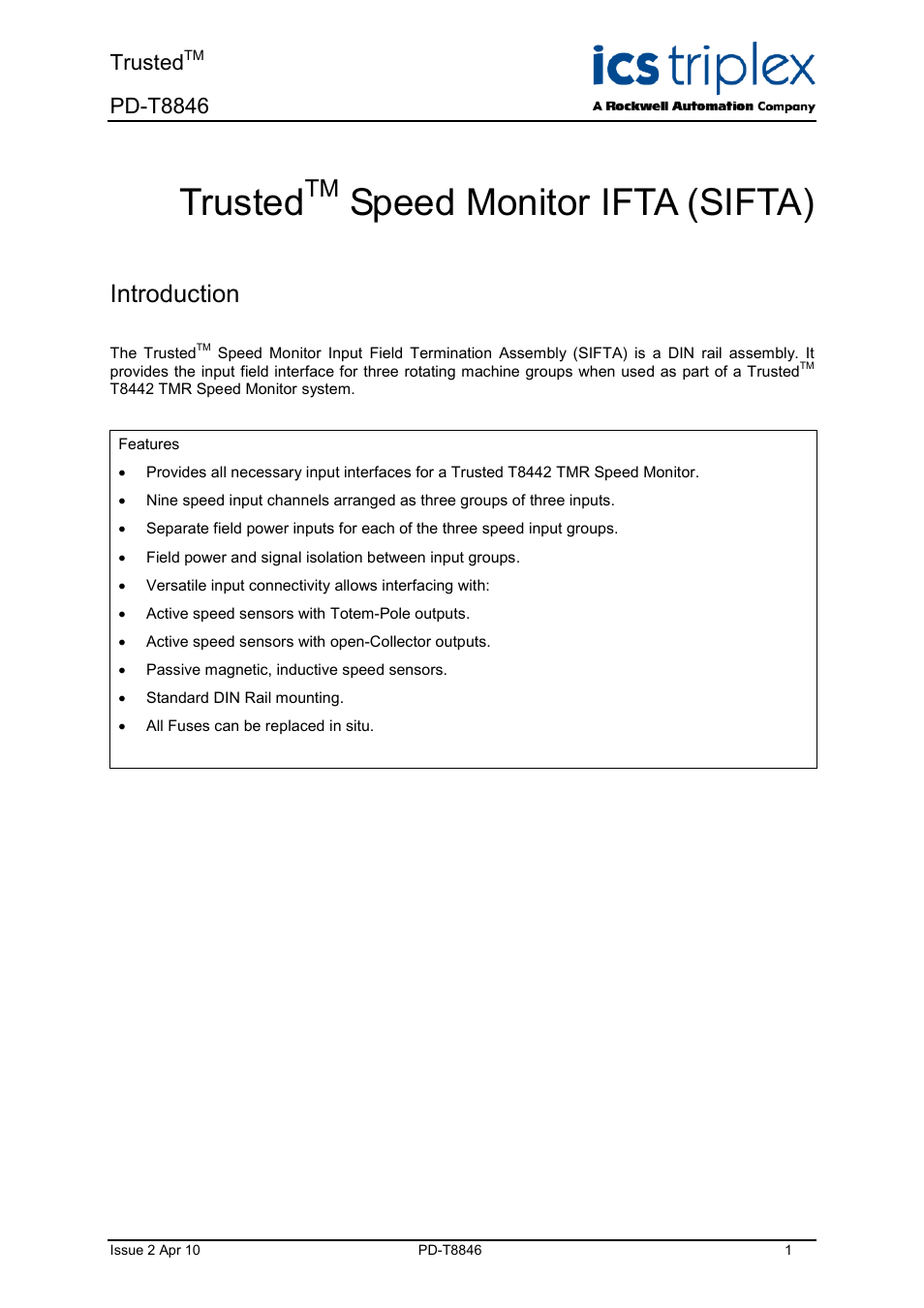 Rockwell Automation T8846 Trusted Speed Monitor IFTA (SIFTA) User Manual | 26 pages