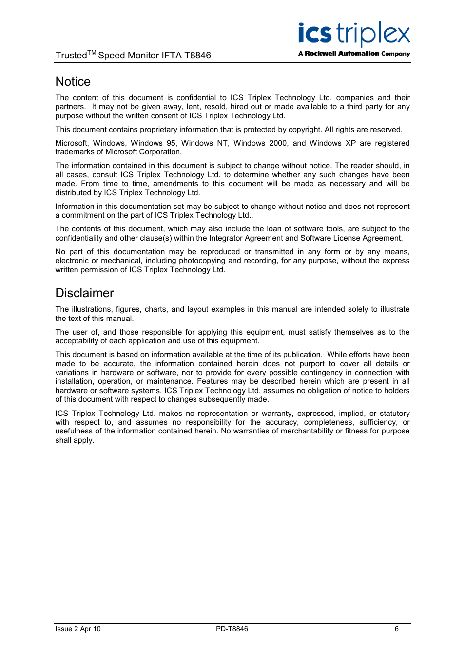 Notice, Disclaimer | Rockwell Automation T8846 Trusted Speed Monitor IFTA (SIFTA) User Manual | Page 6 / 26