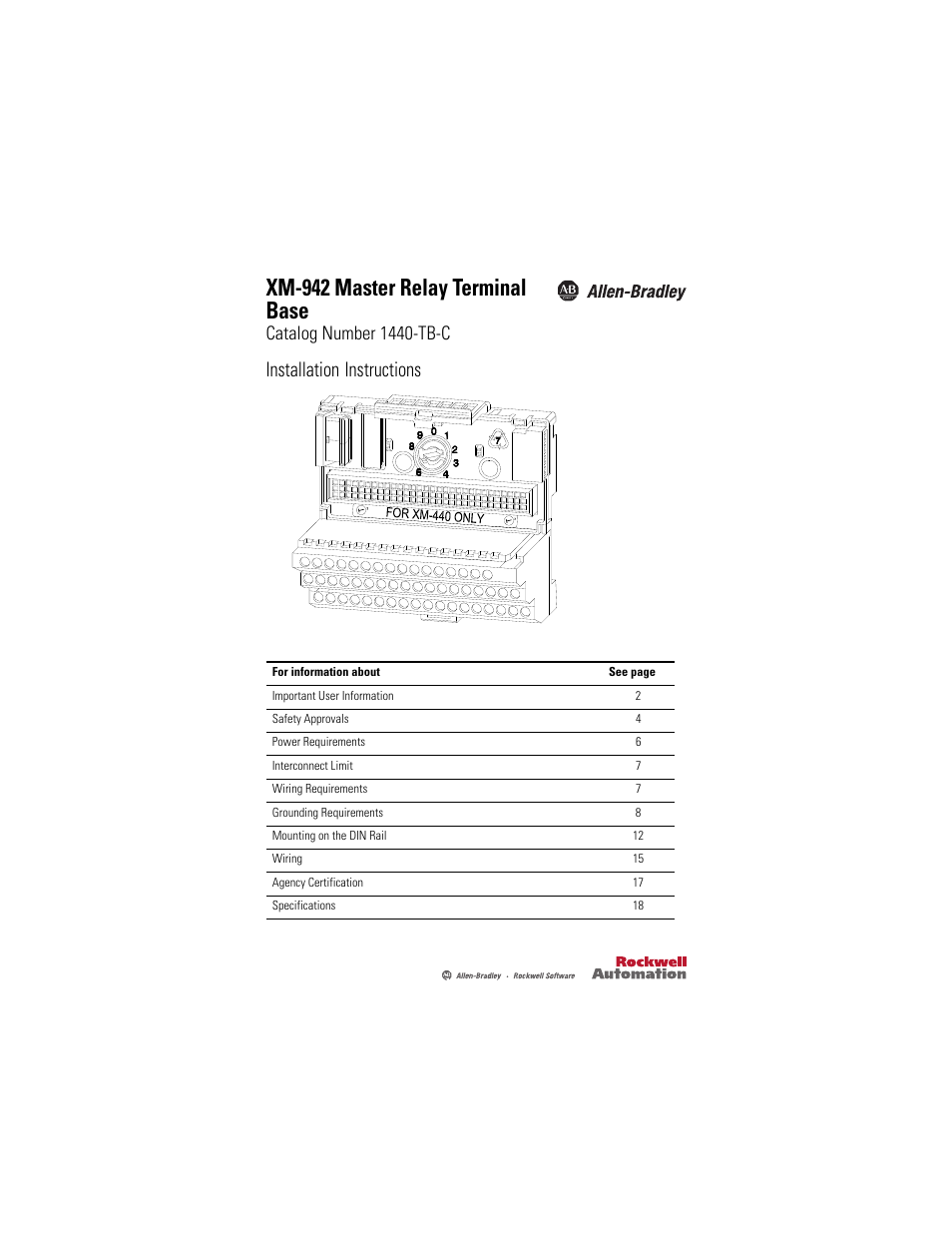 Rockwell Automation 1440-TB-C XM-942 Master Relay Terminal Base User Manual | 20 pages