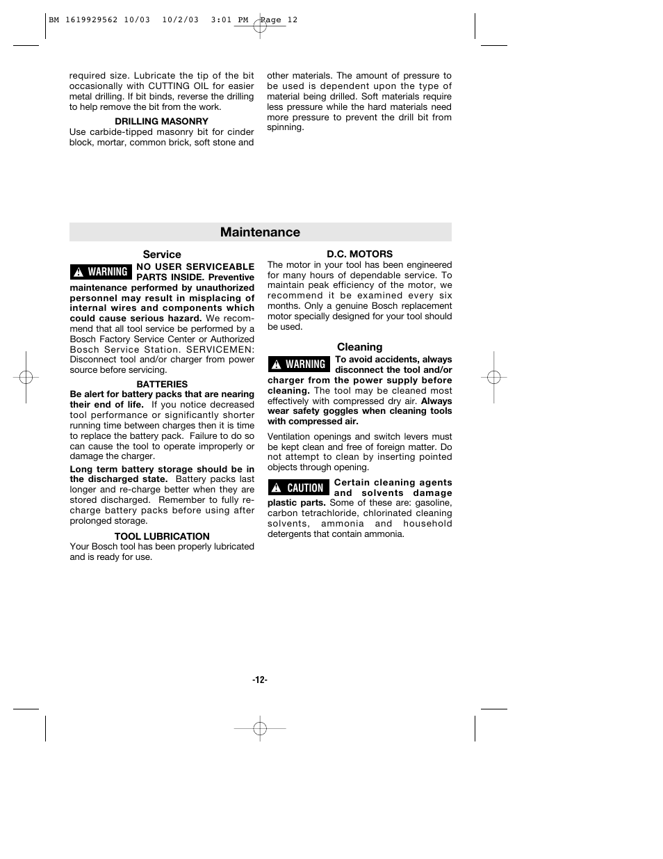 Maintenance | Bosch 11524 User Manual | Page 12 / 40