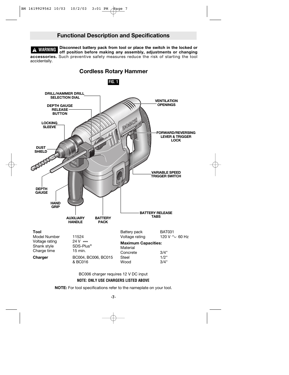Functional description and specifications, Cordless rotary hammer | Bosch 11524 User Manual | Page 7 / 40