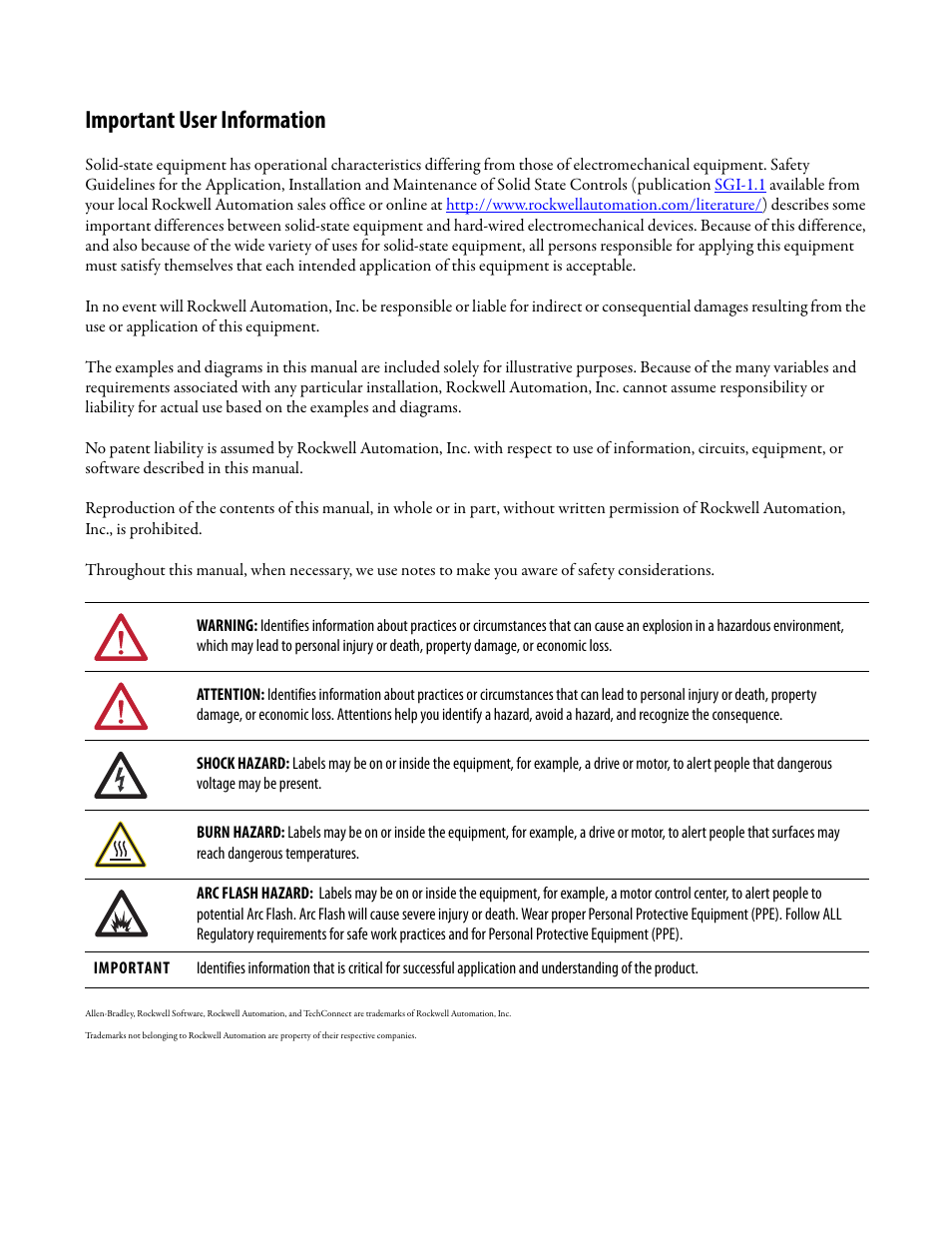 Important user information | Rockwell Automation GV3000/SE 230VAC 1-20 HP GP & Vector Drive Ver. 6.04 Software Start-Up and Ref. User Manual | Page 2 / 224