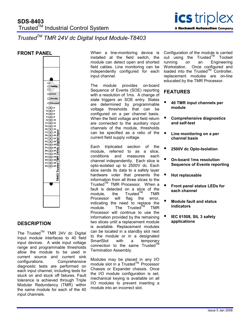 Rockwell Automation T8403 Trusted TMR 24V dc Digital Input Module User Manual | 2 pages
