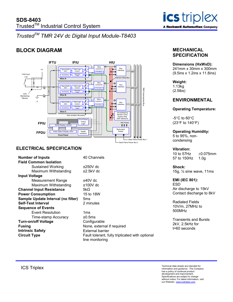 Block diagram, Electrical specification, Sds-8403 trusted | Industrial control system trusted, Ics triplex, Mechanical specification, Environmental | Rockwell Automation T8403 Trusted TMR 24V dc Digital Input Module User Manual | Page 2 / 2