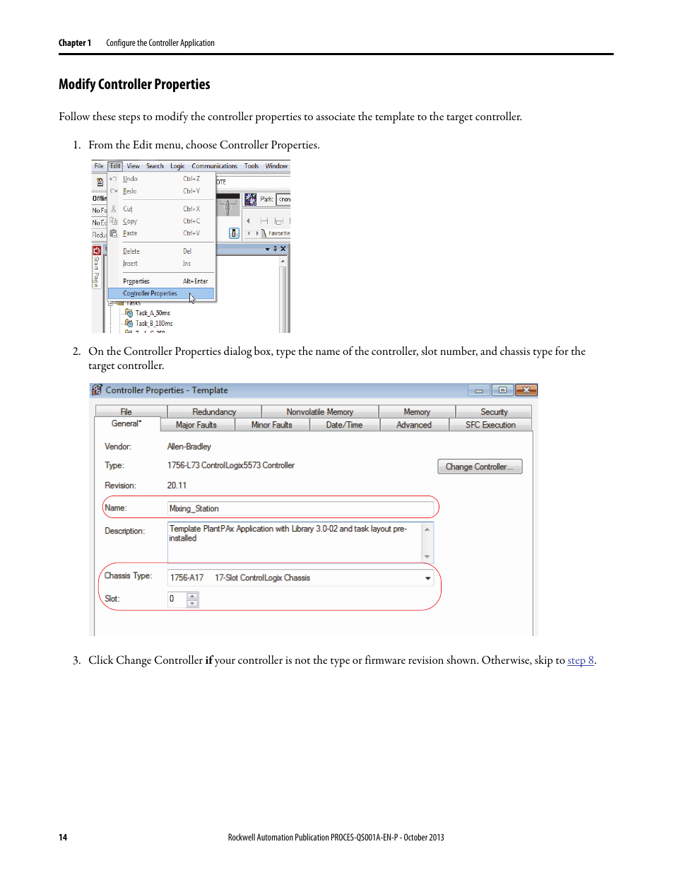 Modify controller properties | Rockwell Automation System Release 3.0 PlantPAx System Application Templates Quick Start User Manual | Page 14 / 80