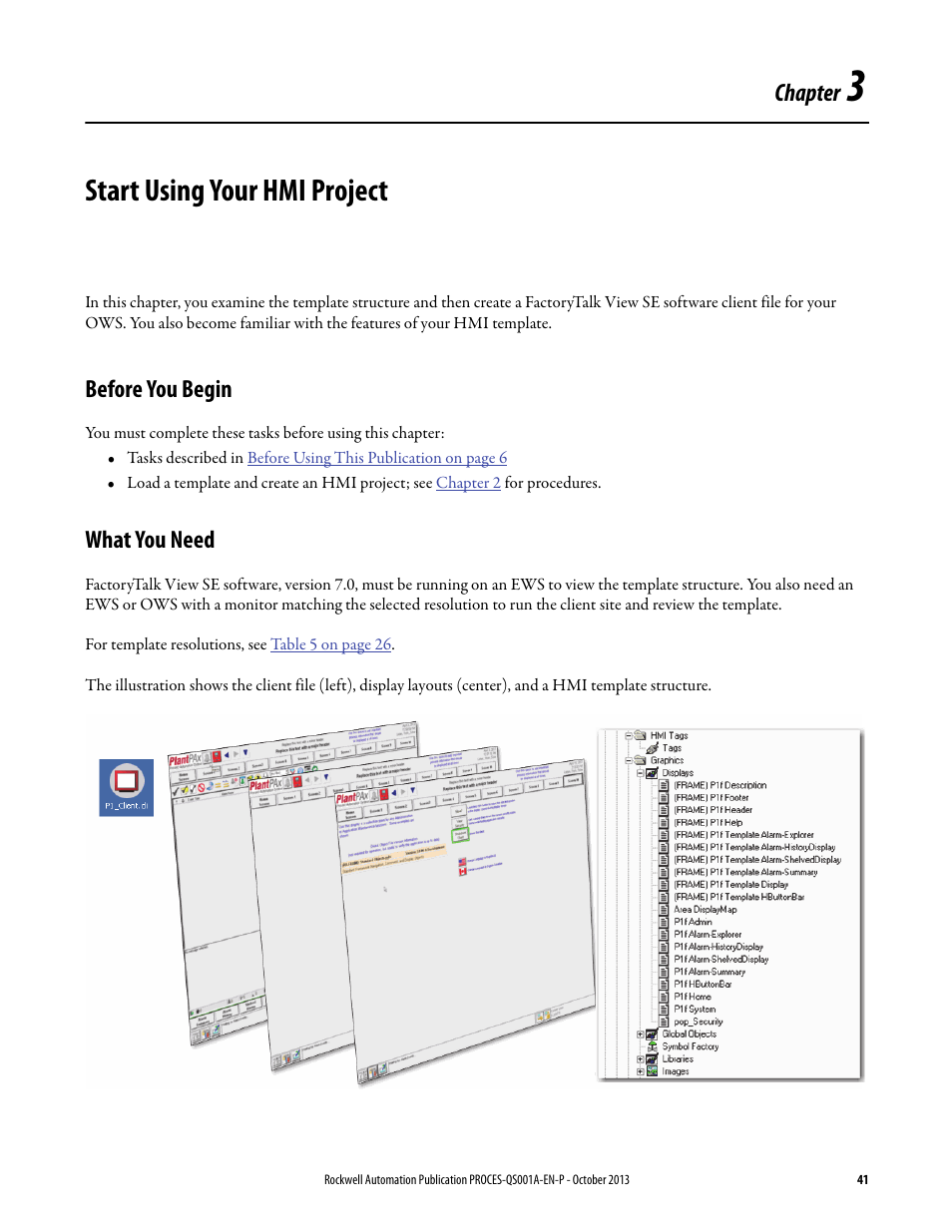 3 - start using your hmi project, Before you begin, What you need | Chapter 3, Start using your hmi project, Before you begin what you need, Start using your hmi, Chapter | Rockwell Automation System Release 3.0 PlantPAx System Application Templates Quick Start User Manual | Page 41 / 80