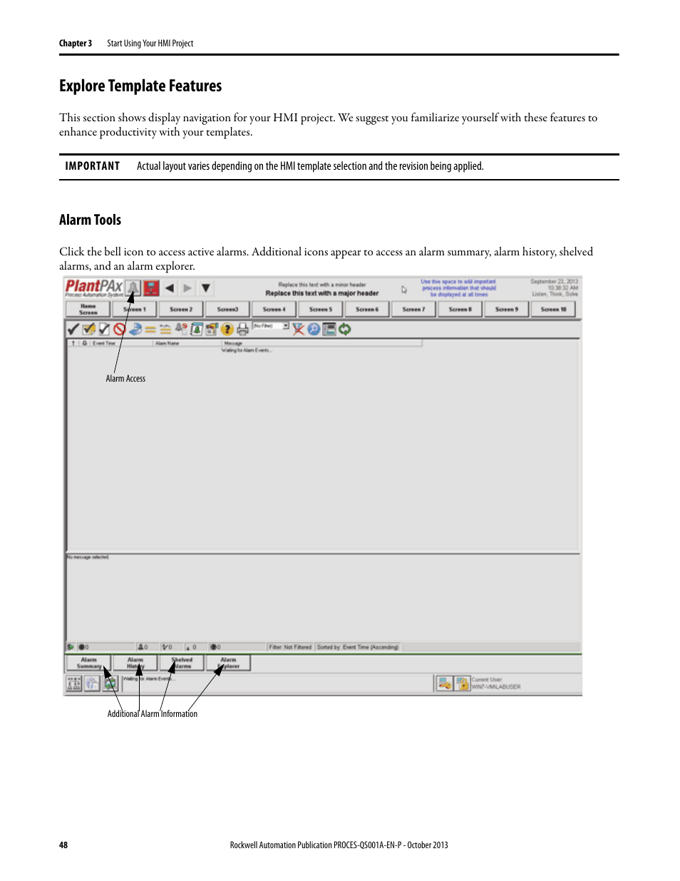 Explore template features, Alarm tools | Rockwell Automation System Release 3.0 PlantPAx System Application Templates Quick Start User Manual | Page 48 / 80