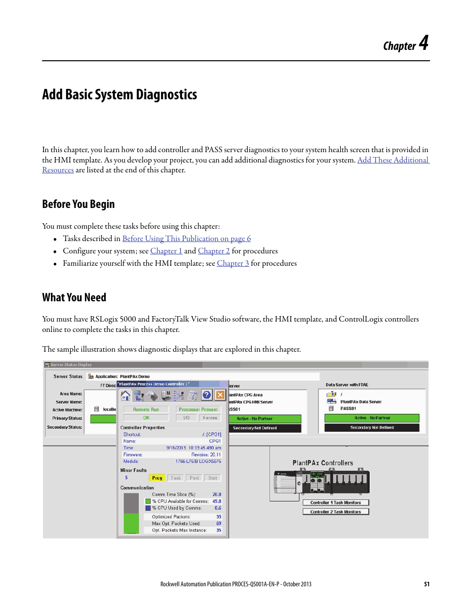 4 - add basic system diagnostics, Before you begin, What you need | Chapter 4, Add basic system diagnostics, Before you begin what you need, Add system diagnostics, Chapter | Rockwell Automation System Release 3.0 PlantPAx System Application Templates Quick Start User Manual | Page 51 / 80