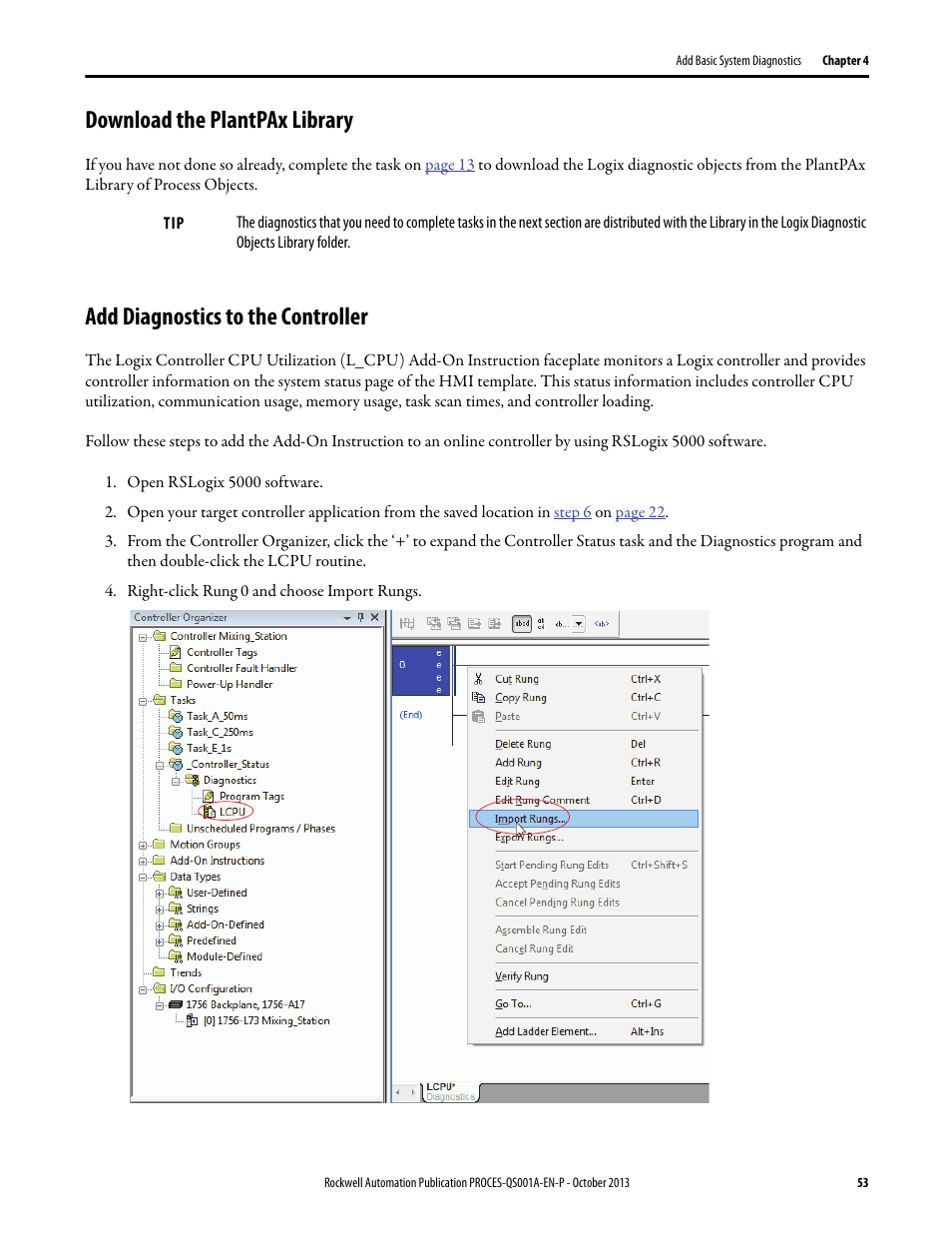 Download the plantpax library, Add diagnostics to the controller | Rockwell Automation System Release 3.0 PlantPAx System Application Templates Quick Start User Manual | Page 53 / 80