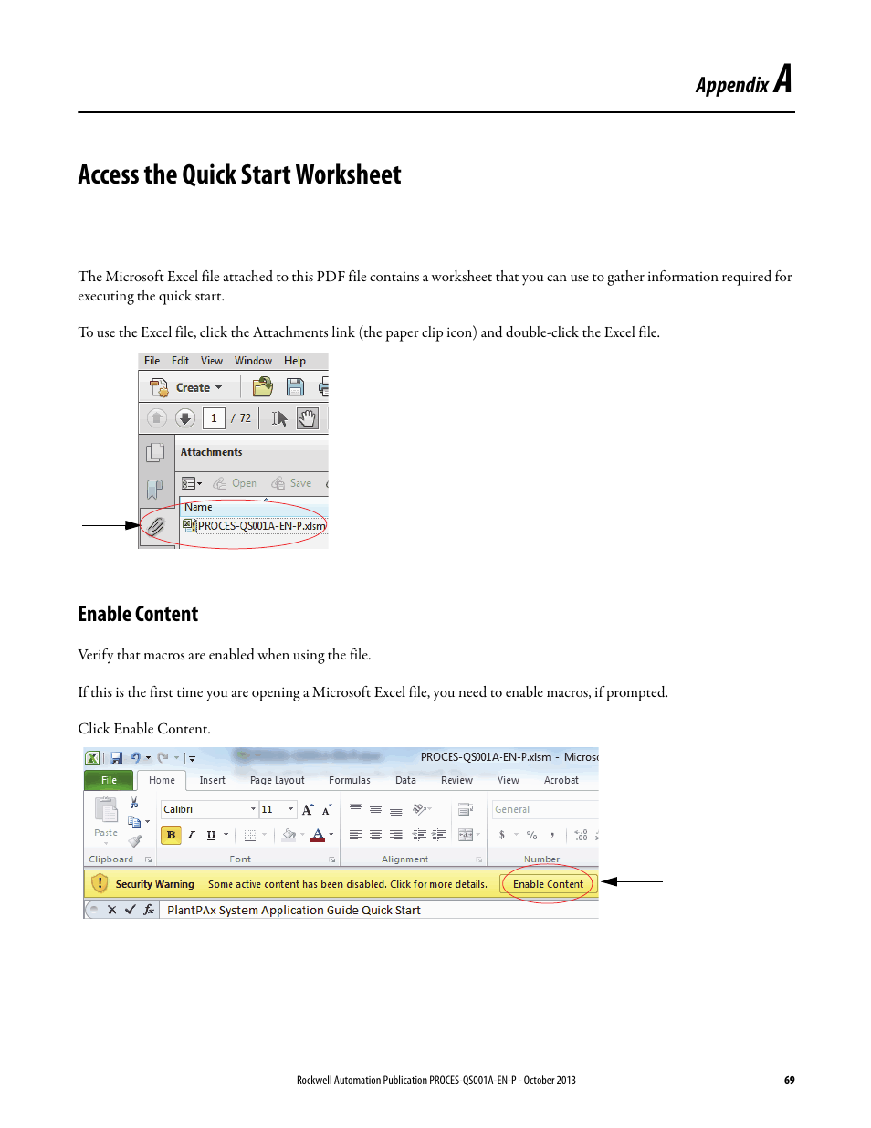 A - access the quick start worksheet, Enable content, Appendix a | Access the quick start worksheet | Rockwell Automation System Release 3.0 PlantPAx System Application Templates Quick Start User Manual | Page 69 / 80