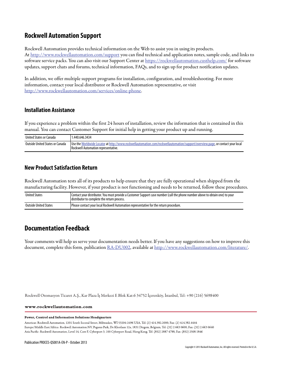 Back cover, Rockwell automation support, Documentation feedback | Installation assistance, New product satisfaction return | Rockwell Automation System Release 3.0 PlantPAx System Application Templates Quick Start User Manual | Page 80 / 80