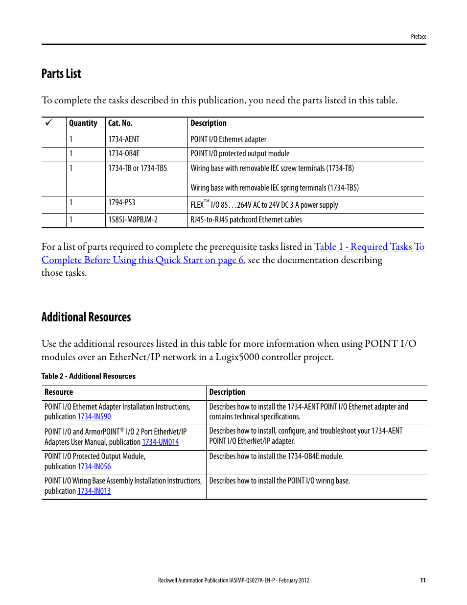 Parts list, Additional resources, Parts list additional resources | Rockwell Automation Logix5000 Control Systems: Connect POINT I/O Modules over an EtherNet/IP Network Quick Start User Manual | Page 11 / 36