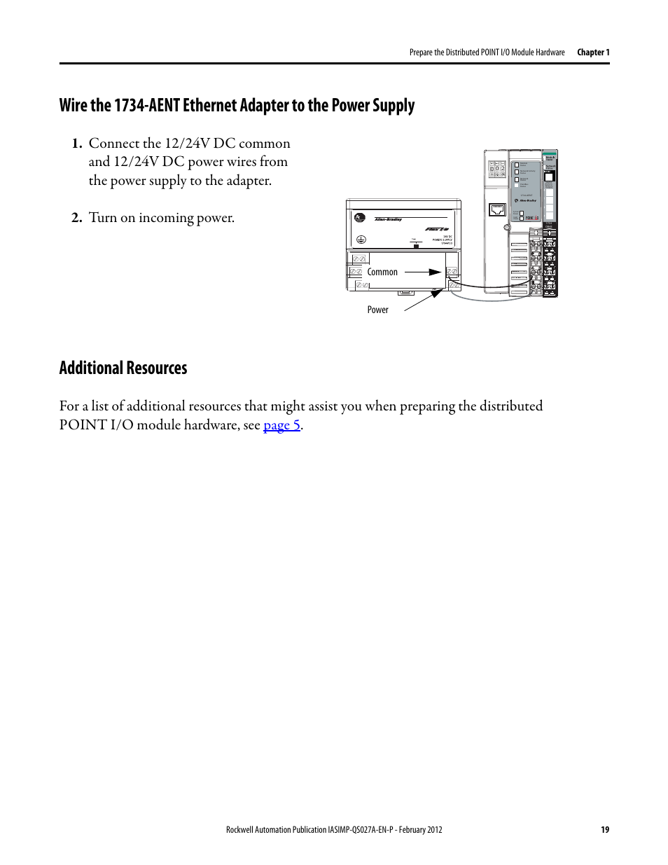 Additional resources, Wire the 1734-aent, Ethernet adapter to the | Power supply | Rockwell Automation Logix5000 Control Systems: Connect POINT I/O Modules over an EtherNet/IP Network Quick Start User Manual | Page 19 / 36