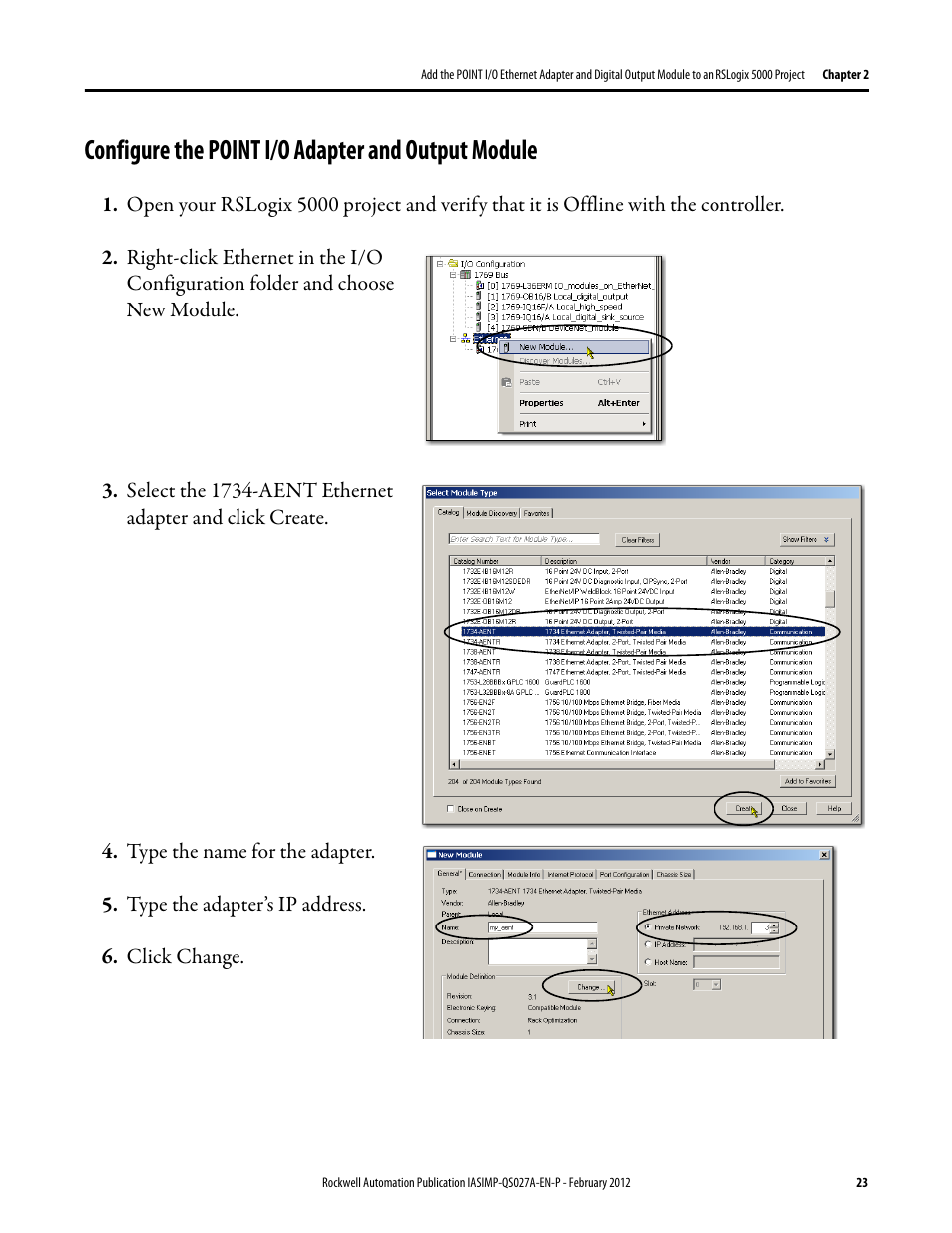 Configure the point i/o adapter and output module, Configure the point, I/o adapter and | Output module | Rockwell Automation Logix5000 Control Systems: Connect POINT I/O Modules over an EtherNet/IP Network Quick Start User Manual | Page 23 / 36