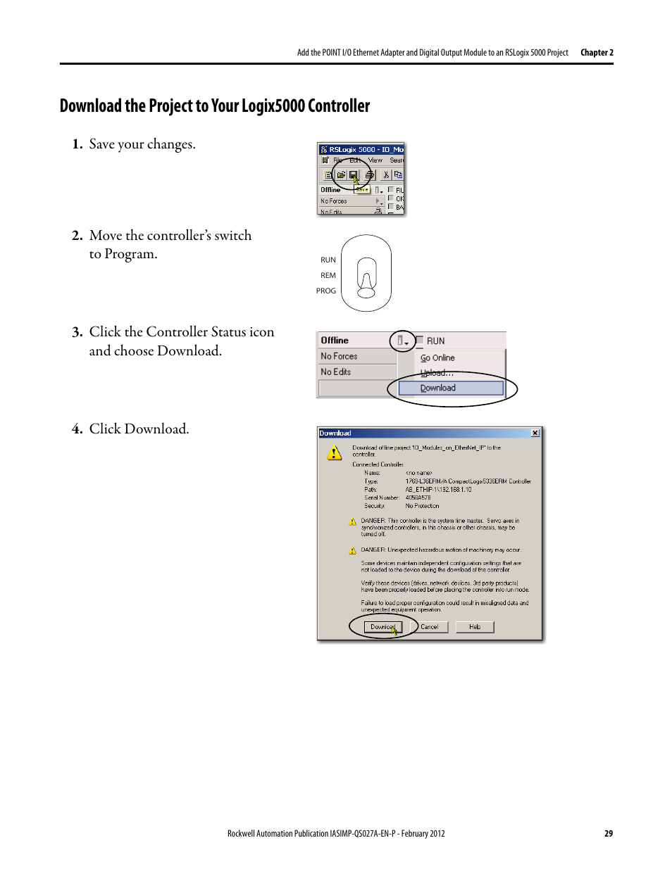 Download the project to your logix5000 controller, Download the project, To your logix5000 | Controller | Rockwell Automation Logix5000 Control Systems: Connect POINT I/O Modules over an EtherNet/IP Network Quick Start User Manual | Page 29 / 36