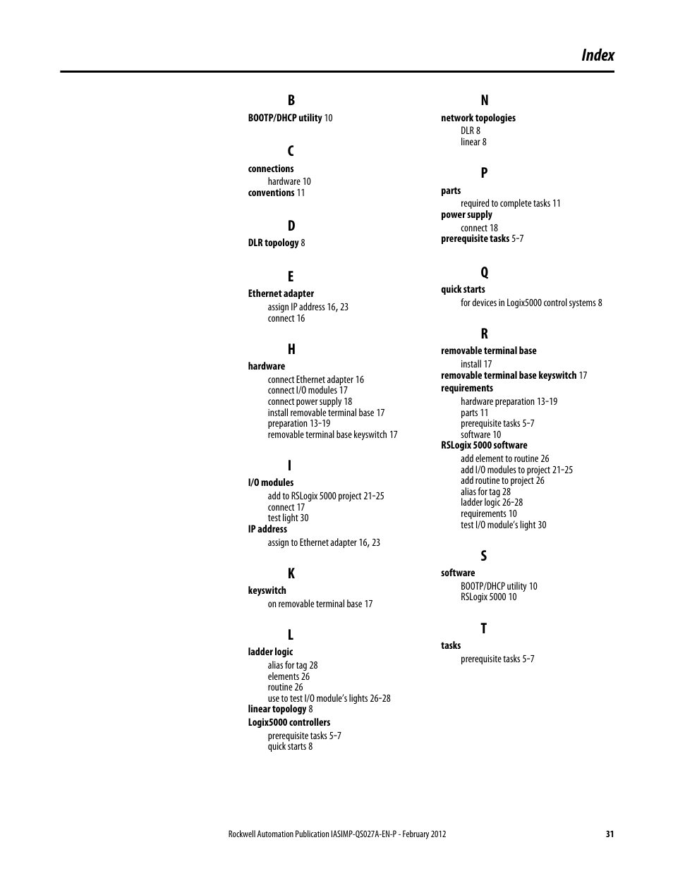 Index | Rockwell Automation Logix5000 Control Systems: Connect POINT I/O Modules over an EtherNet/IP Network Quick Start User Manual | Page 31 / 36