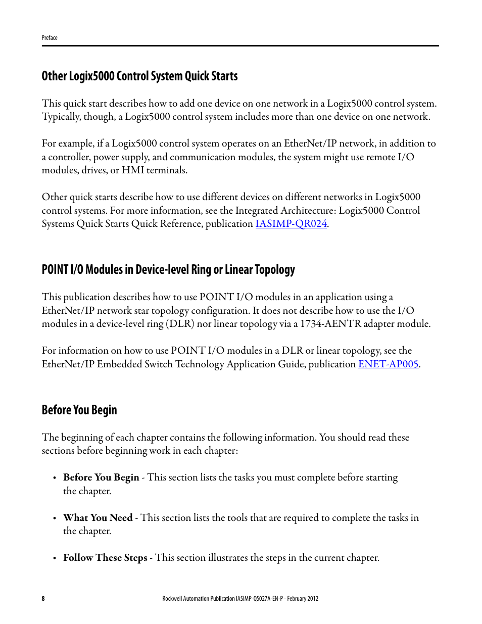 Other logix5000 control system quick starts, Before you begin | Rockwell Automation Logix5000 Control Systems: Connect POINT I/O Modules over an EtherNet/IP Network Quick Start User Manual | Page 8 / 36