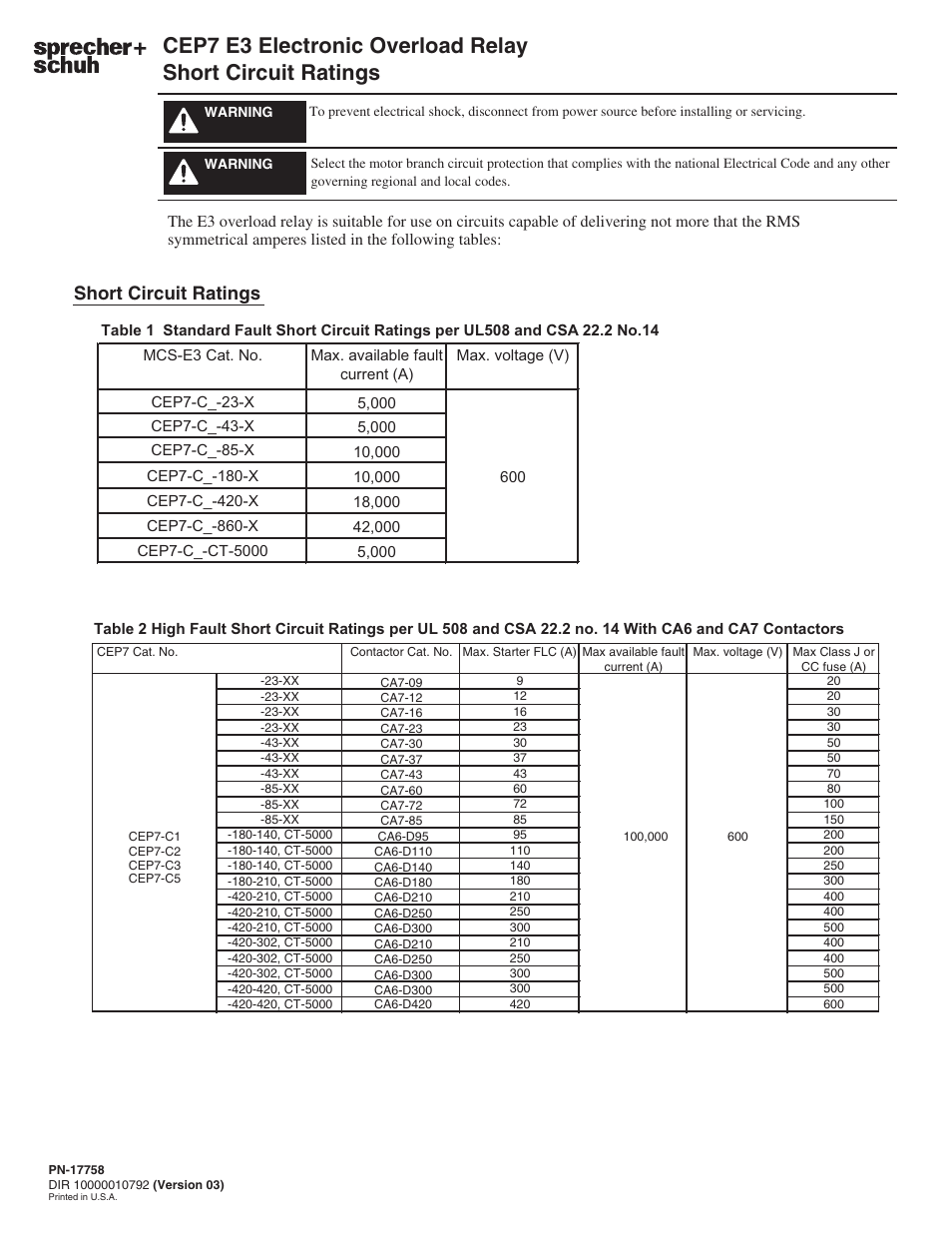 Rockwell Automation CEP7- Sprecher+Schuh CEP7 E3 Electronic Overload Relay Short Circuit Ratings User Manual | 2 pages