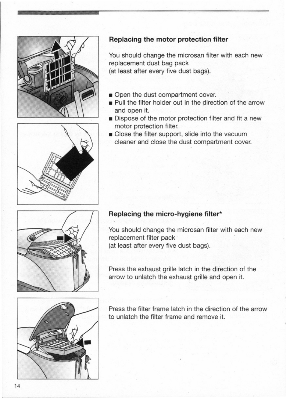 Replacing the motor protection filter, Replacing the micro-hygiene filter | Bosch BSG81 User Manual | Page 14 / 20