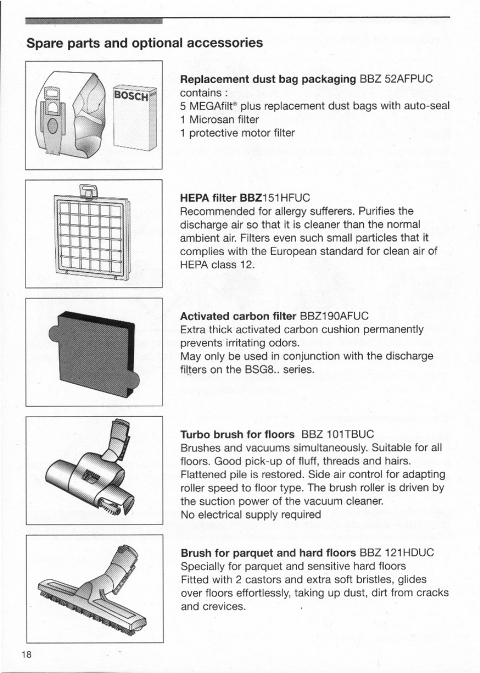 Spare parts and optional accessories | Bosch BSG81 User Manual | Page 18 / 20